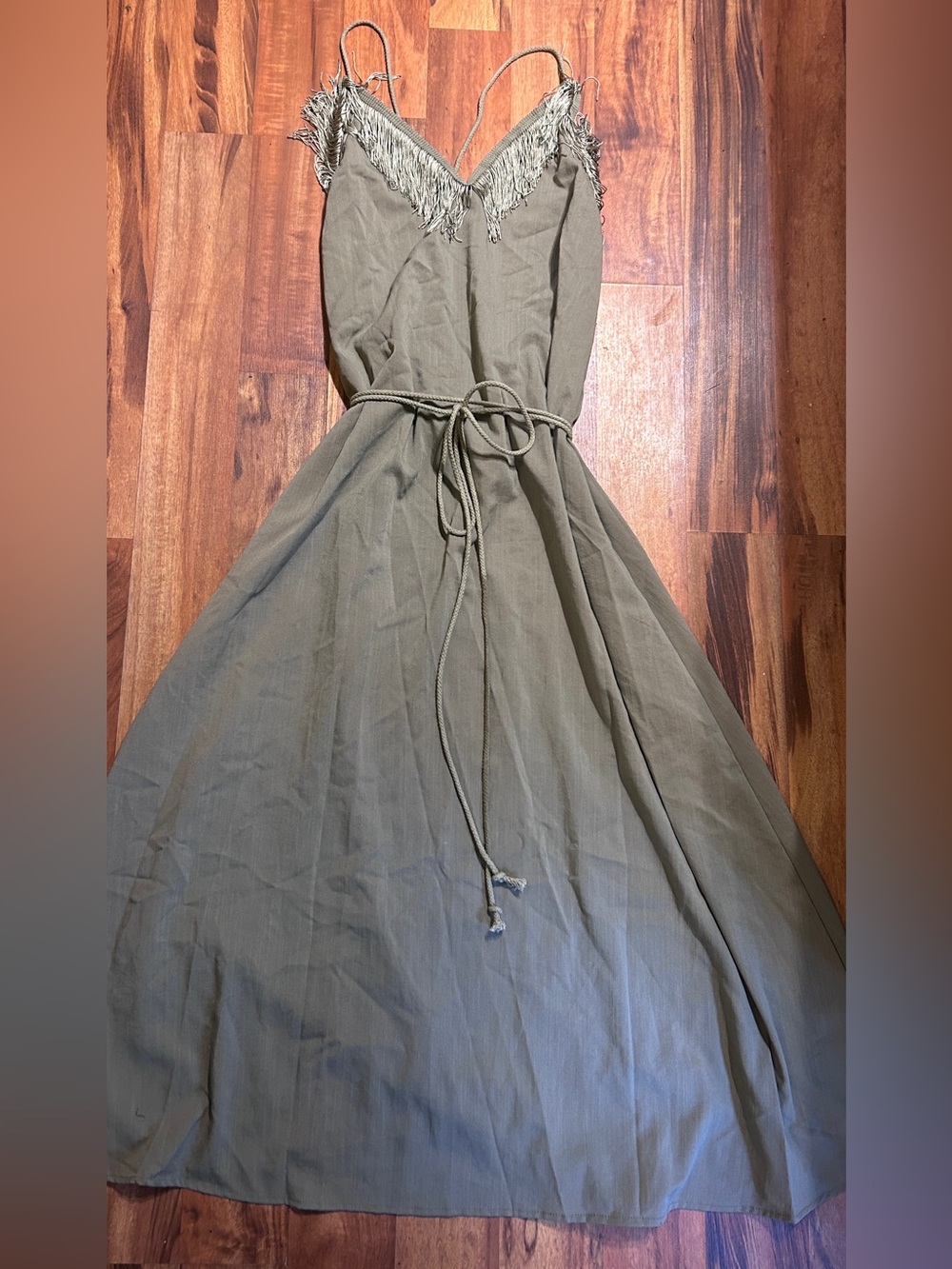 SHEIN Bohemela Army Green Fringe Tassle Convertible Maxi Dress
